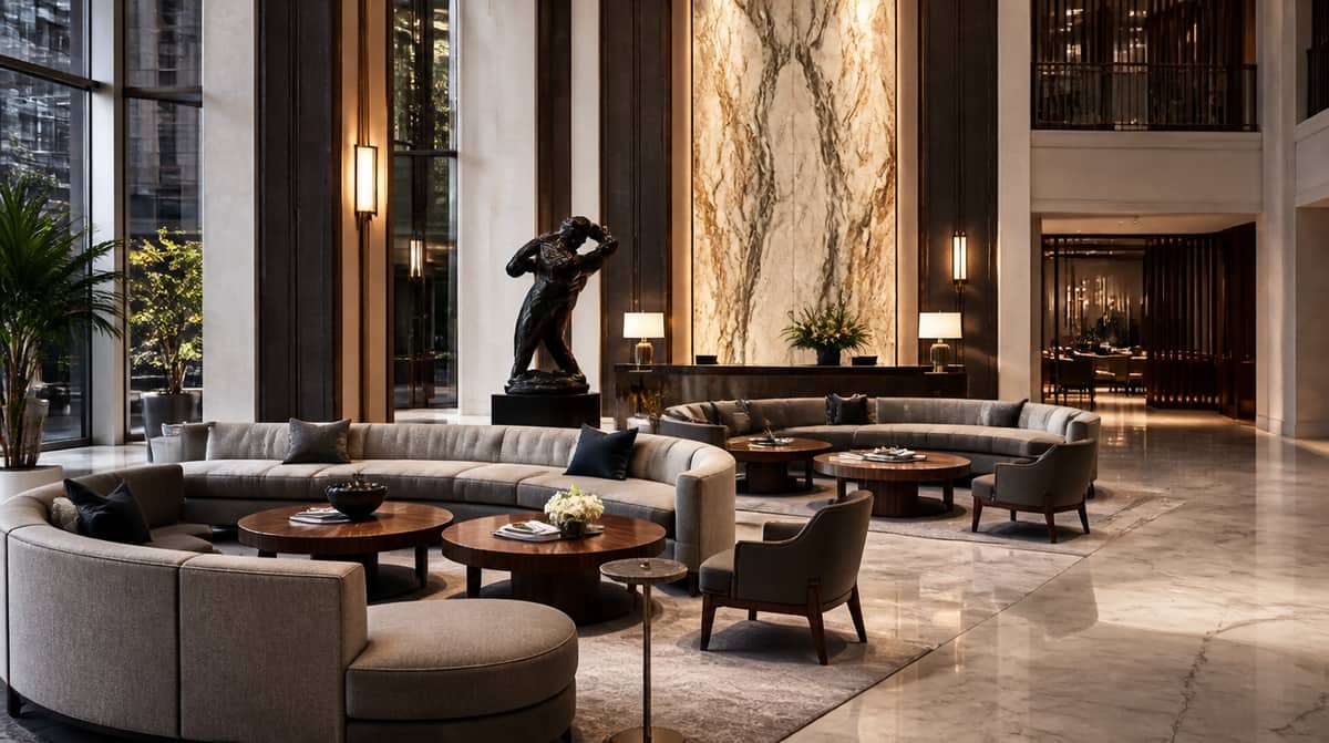 Upholstered lobby guest chairs arranged near a hotel reception desk