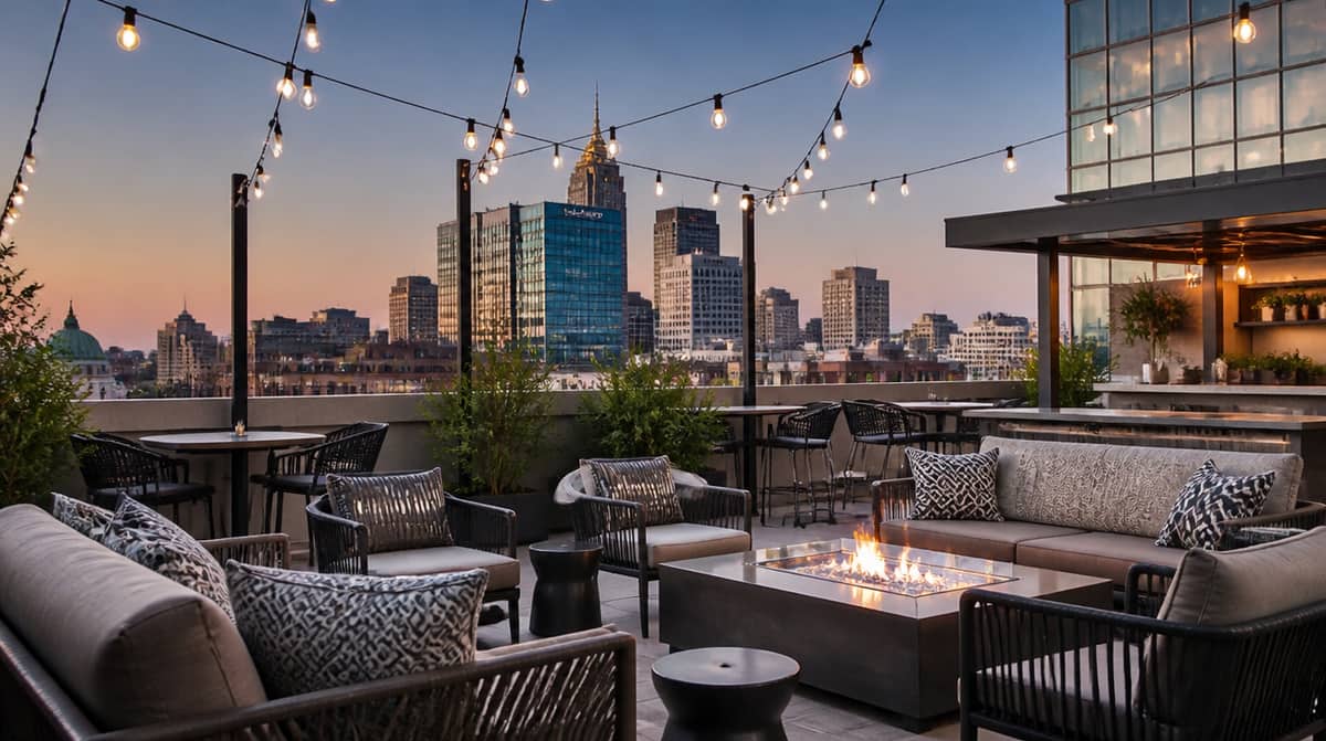 Federal Hill Providence patio dining furniture showing matte bronze powder-coat aluminum chairs suited to the neighborhood's Italian restaurant corridor