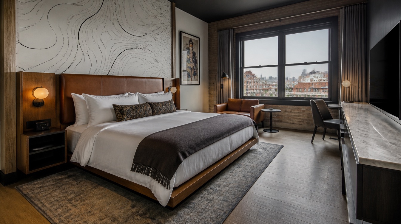 Boutique hotel furniture in a Cedar Rapids NewBo-adjacent property showing contract-grade lounge seating with adaptive reuse architectural backdrop