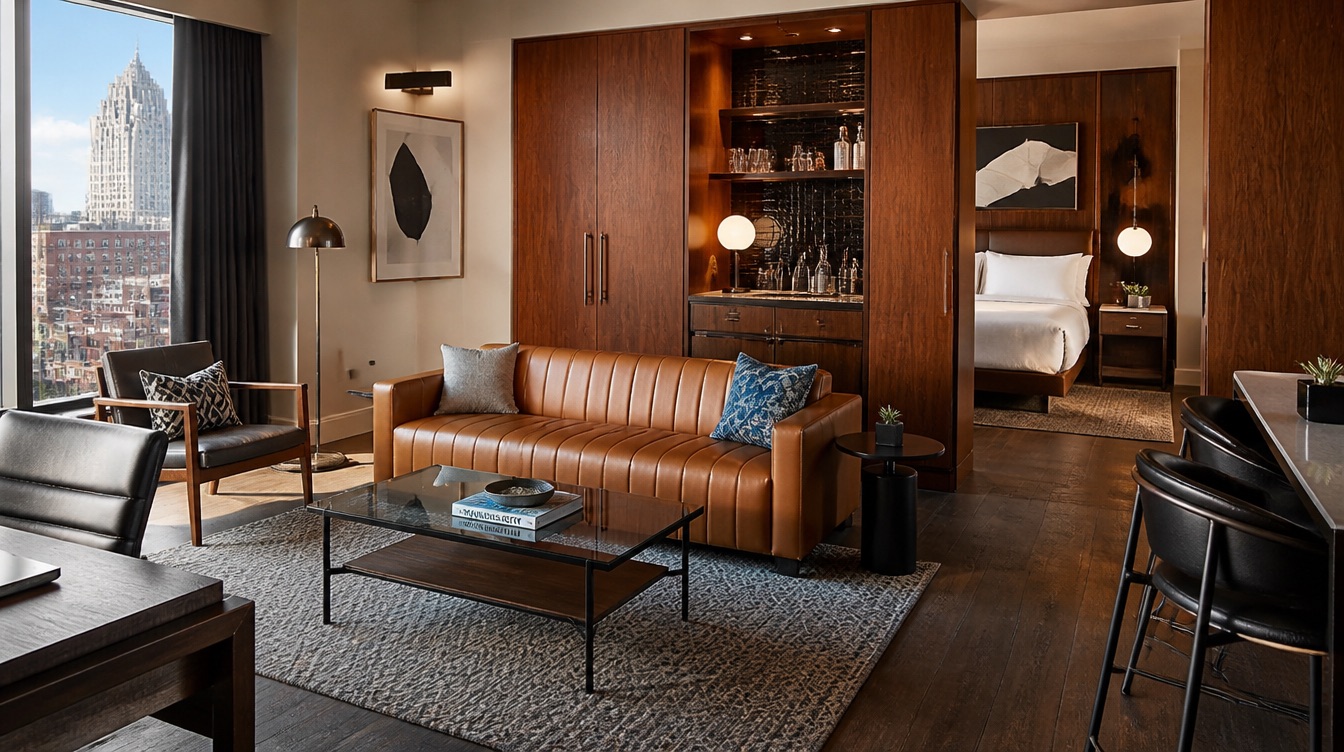 Hotel furniture in a Cedar Rapids convention center area property showing contract-grade casegoods and upholstered seating