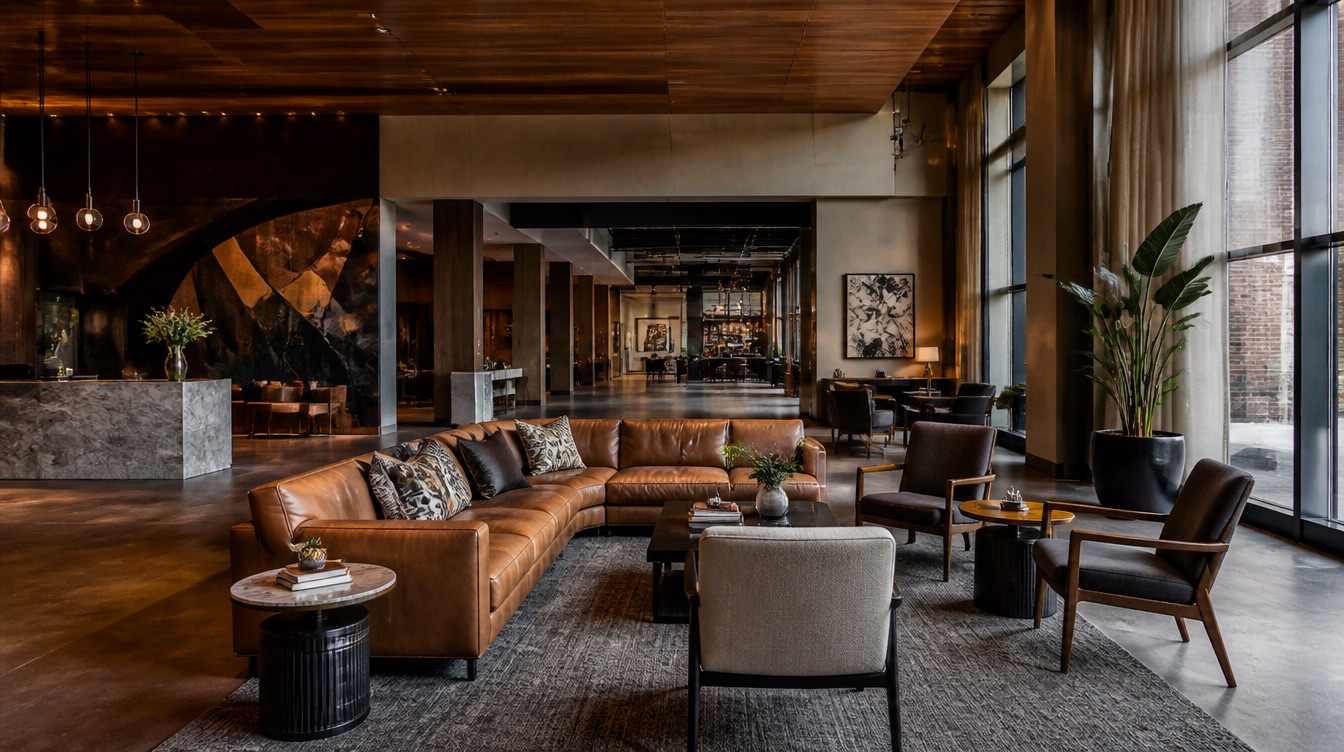 Cedar Rapids convention hotel lobby furniture showing contract-grade lounge seating cluster with high-resilience foam and commercial-rated upholstery for high-volume guest traffic