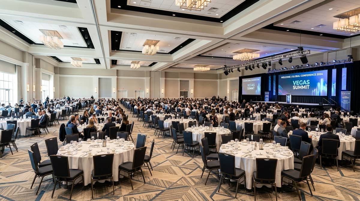 Round tables and stacking chairs arranged for a 100 guest banquet