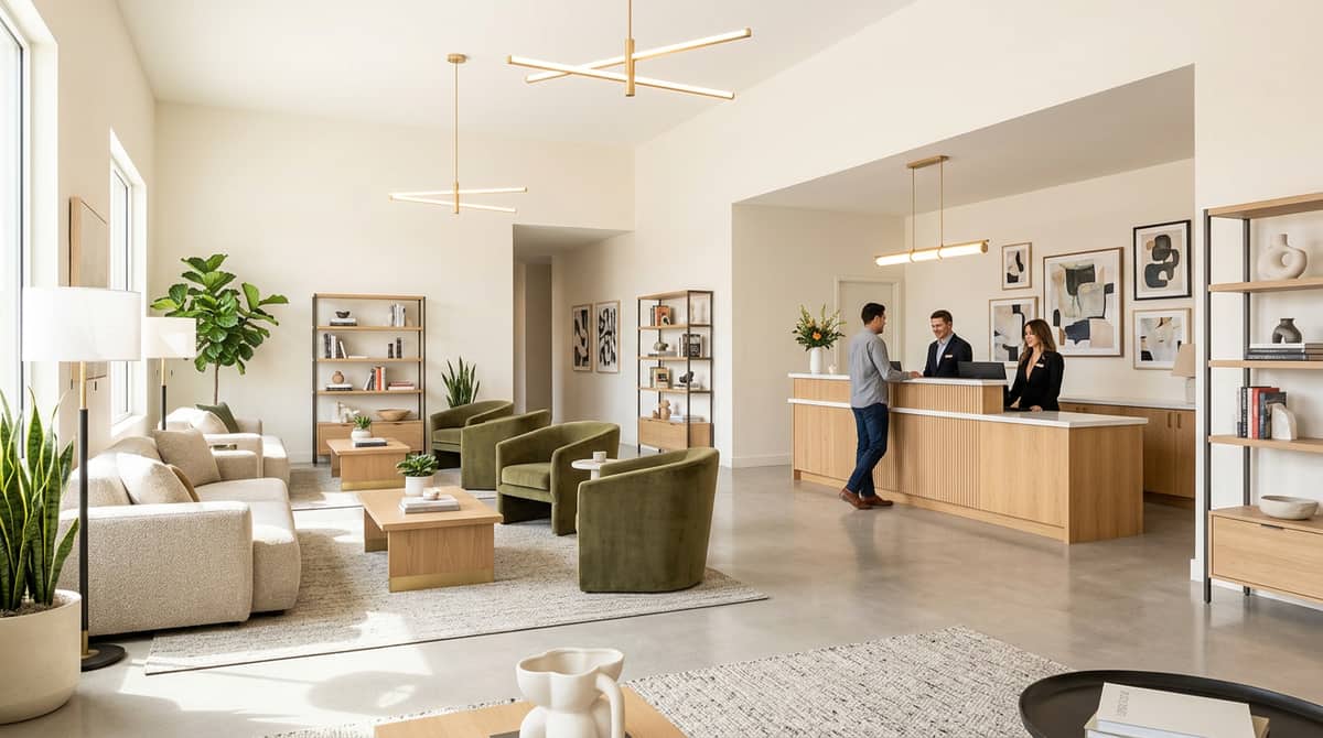 FF&E furniture staged for a Manchester hotel renovation, showing lounge seating and casegoods organized by guestroom floor