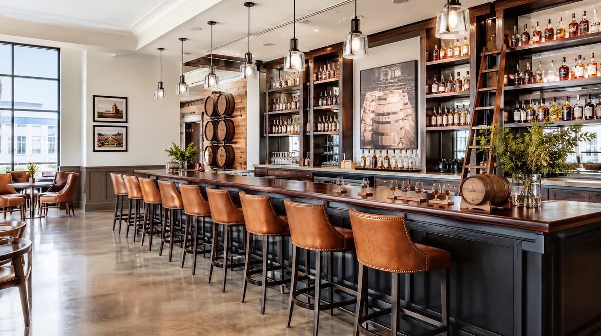 Downtown Lexington bar lounge seating showing heavy-gauge steel barstools with welded joints rated for high-volume use