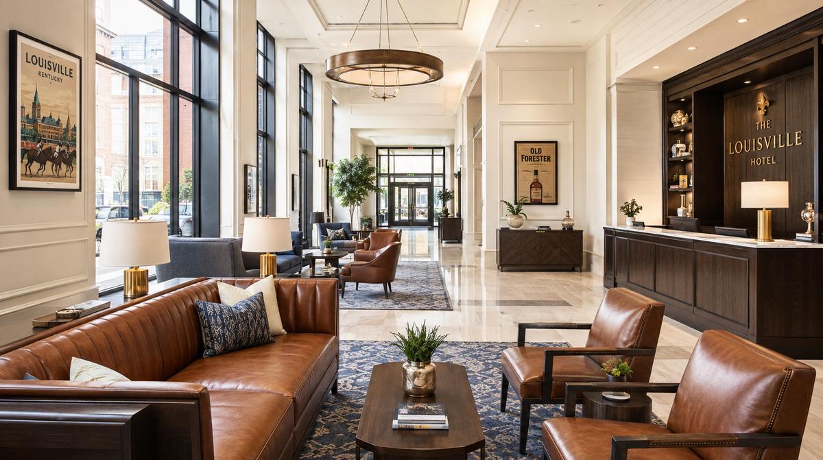 Hotel furniture in a downtown Lexington property near the convention center showing contract-grade casegoods and upholstered seating