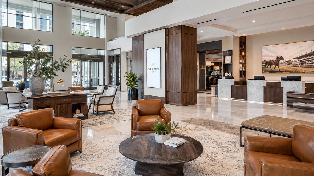 Downtown Lexington hotel lobby furniture showing contract-grade lounge seating with commercial-rated upholstery for high-volume guest traffic