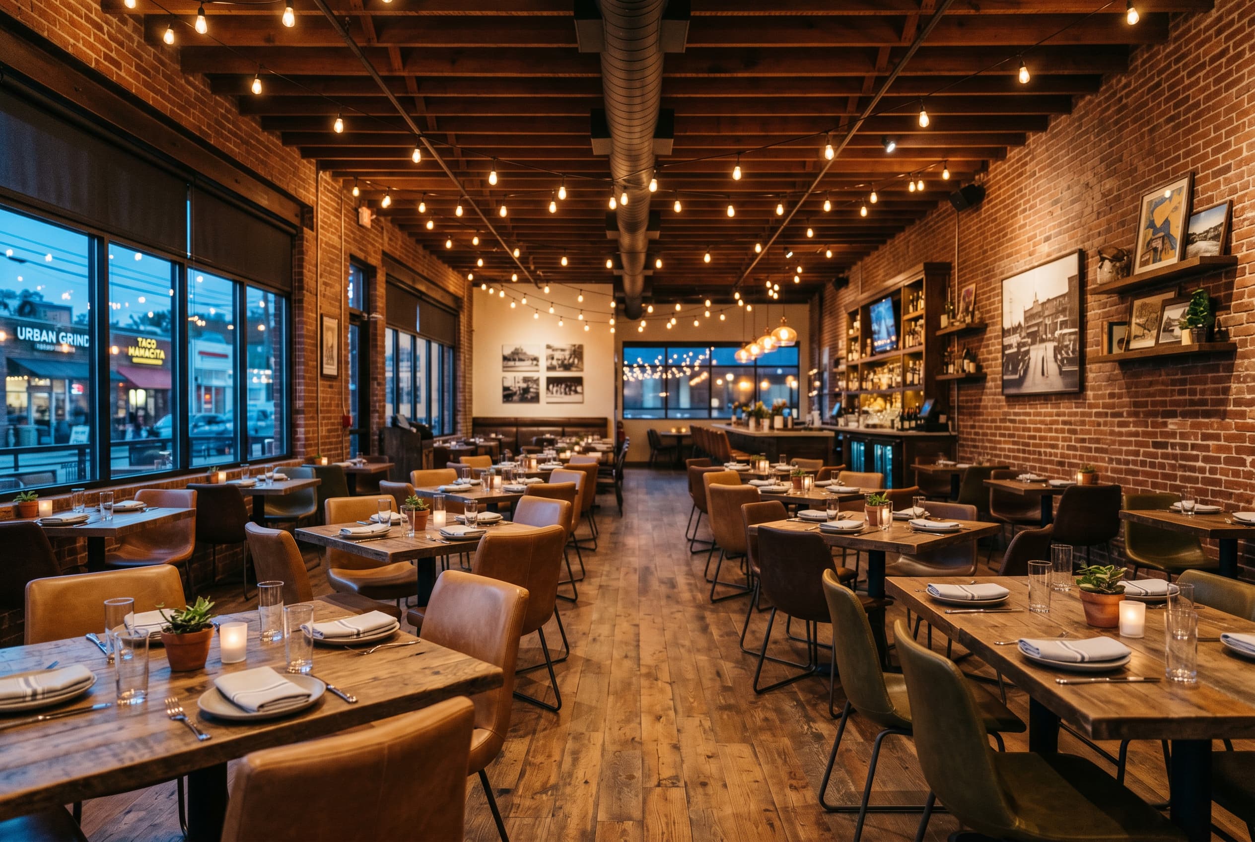 Restaurant dining room with commercial table tops and matched bases
