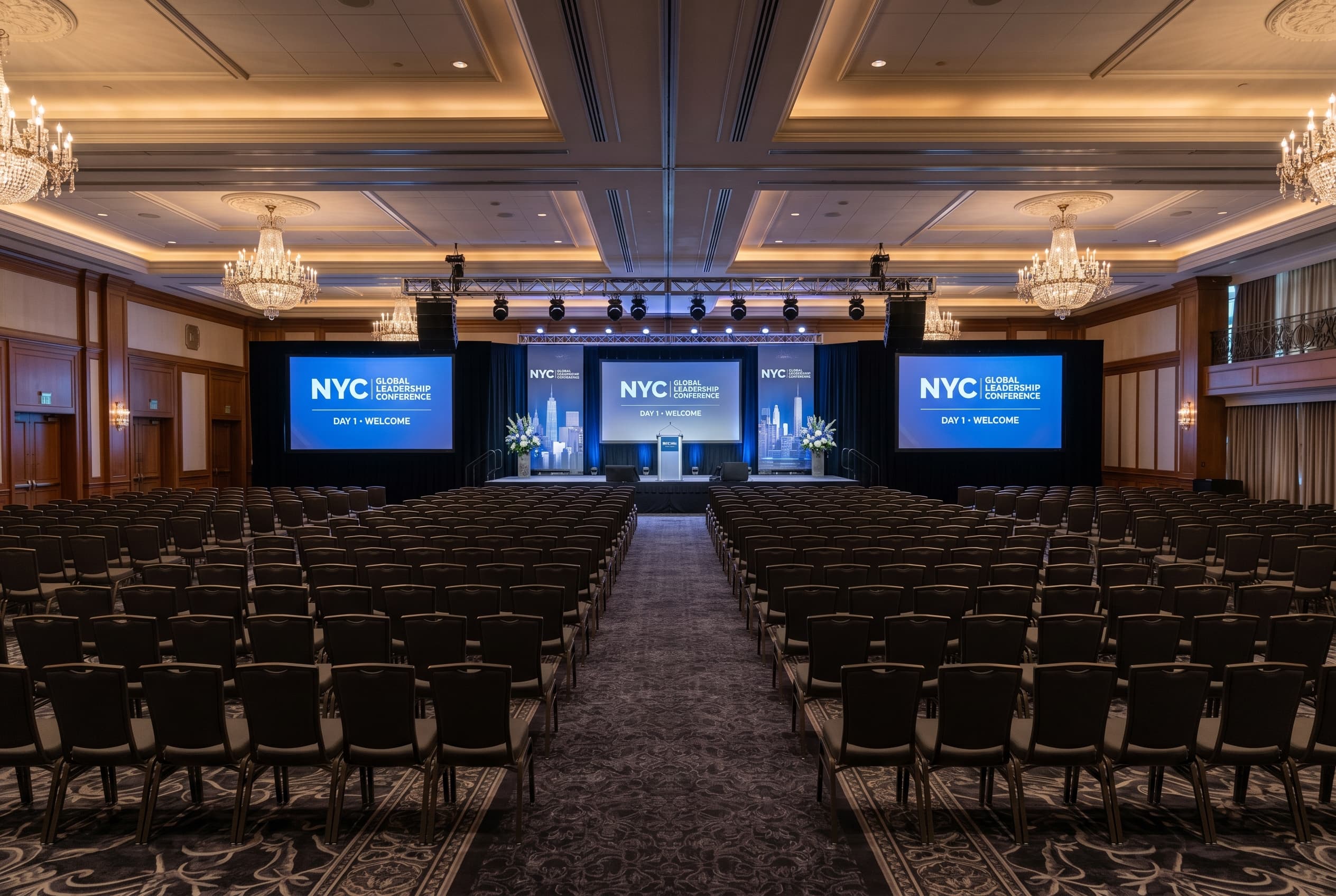 Commercial folding banquet tables set up in round and rectangular formats in a Stamford event venue near the downtown corridor