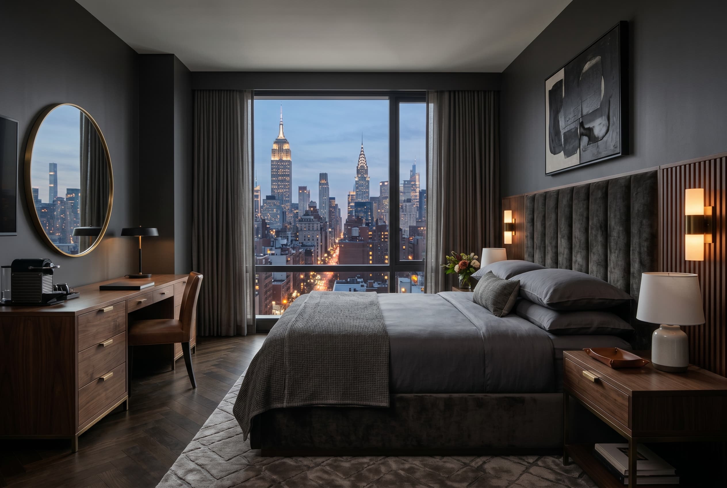 Hotel guestroom furniture with reinforced casegoods and commercial upholstery in a Stamford property near the downtown corporate corridor