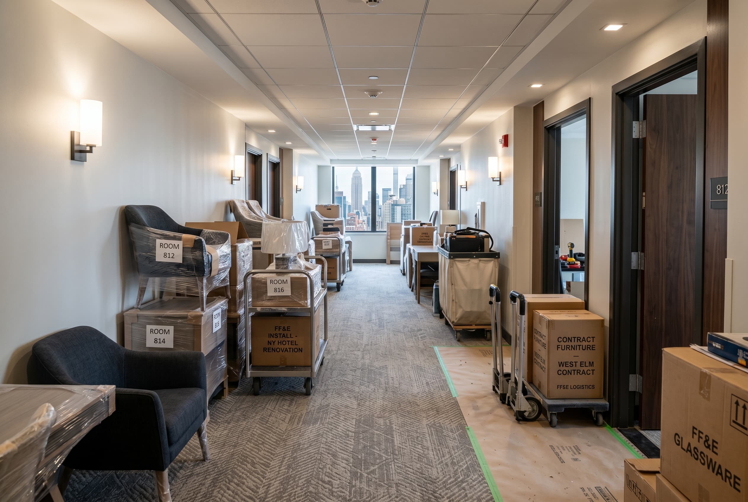 Hotel furniture delivery and installation staged for an occupied Stamford property showing white-glove logistics coordination near the downtown corridor
