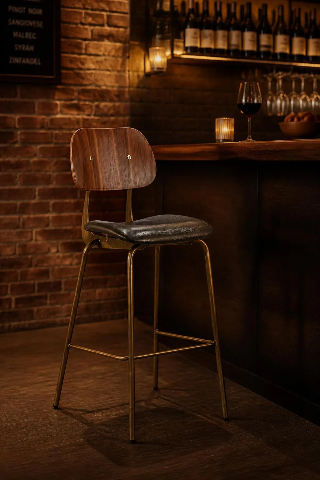 Alva Barstool in a warm wine bar with rich wood tones and slender metal detailing