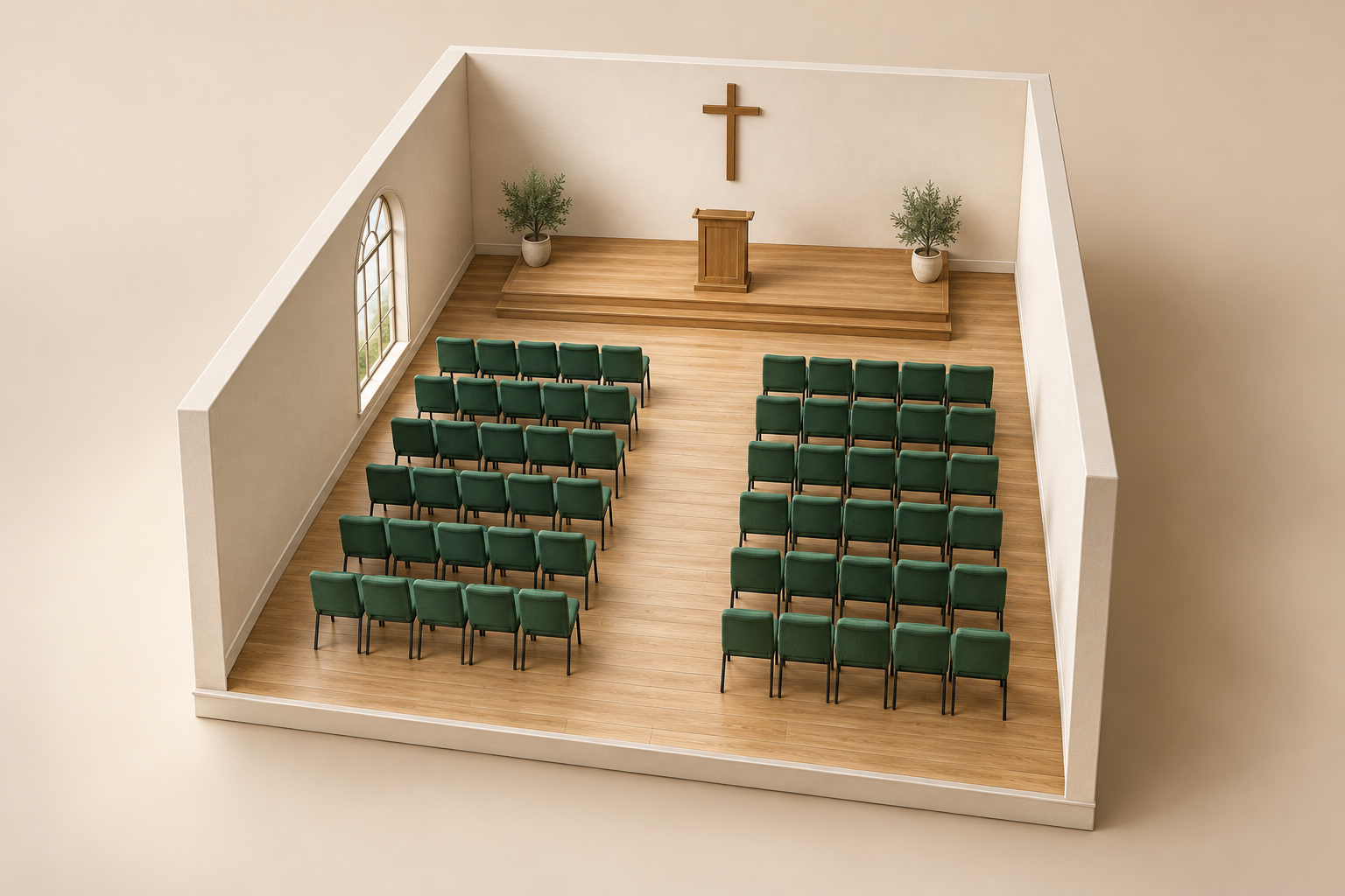 CGI church seating plan with individual chairs, a central aisle and a raised platform