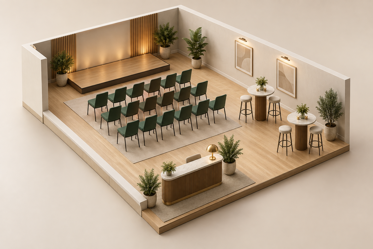 CGI event room with presentation seating, a stage and a separate cocktail reception area